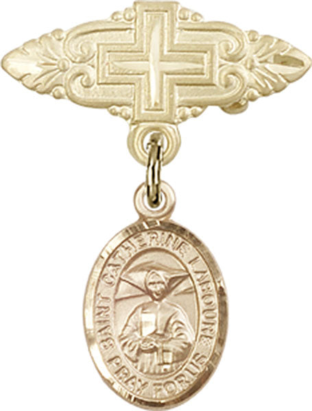 14kt Gold Baby Badge with St. Catherine Laboure Charm and Badge Pin with Cross