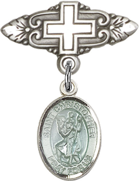 Sterling Silver Baby Badge with Blue St. Christopher Charm and Badge Pin with Cross