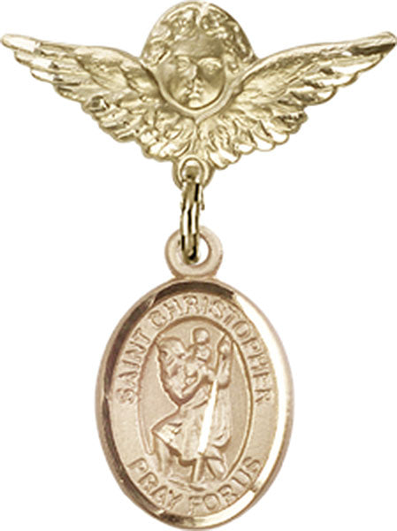 14kt Gold Filled Baby Badge with St. Christopher Charm and Angel w/Wings Badge Pin