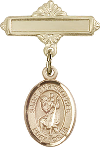 14kt Gold Baby Badge with St. Christopher Charm and Polished Badge Pin