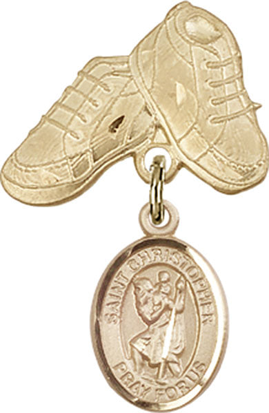 14kt Gold Baby Badge with St. Christopher Charm and Baby Boots Pin