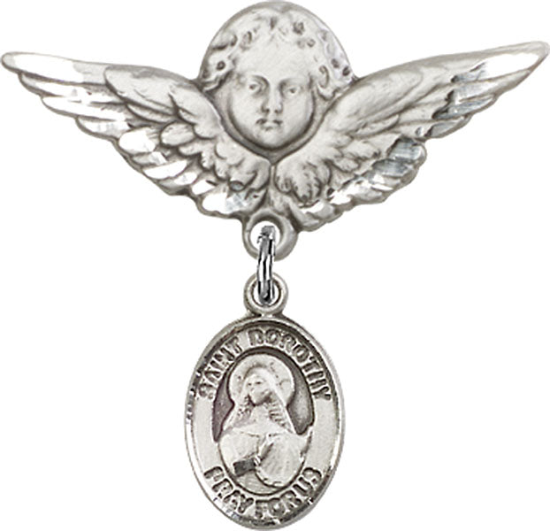 Sterling Silver Baby Badge with St. Dorothy Charm and Angel w/Wings Badge Pin