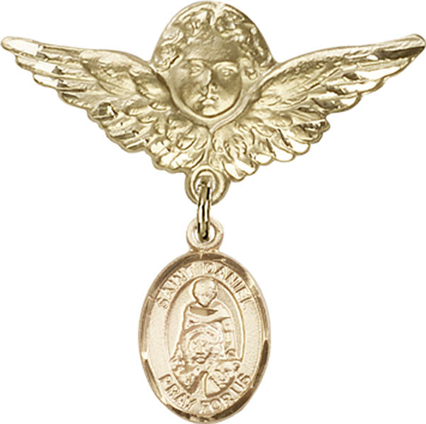 14kt Gold Baby Badge with St. Daniel Charm and Angel w/Wings Badge Pin