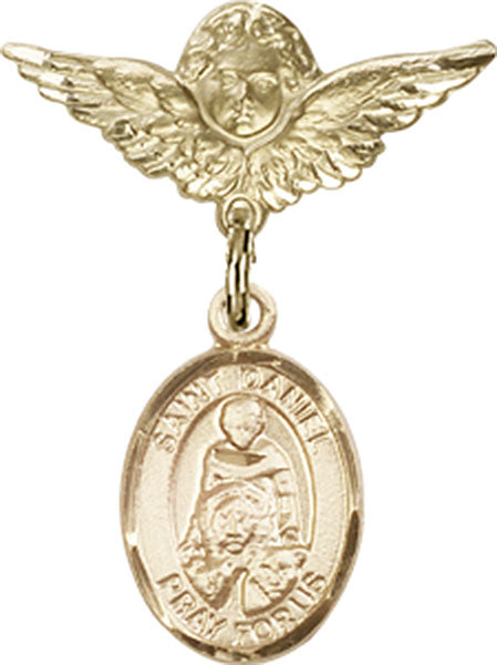 14kt Gold Baby Badge with St. Daniel Charm and Angel w/Wings Badge Pin