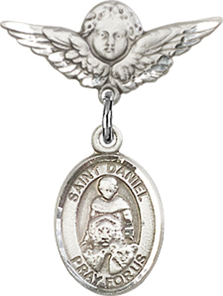 Sterling Silver Baby Badge with St. Daniel Charm and Angel w/Wings Badge Pin