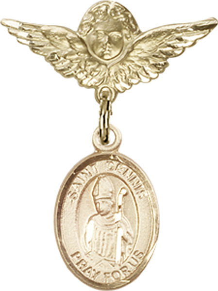14kt Gold Baby Badge with St. Dennis Charm and Angel w/Wings Badge Pin