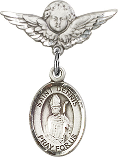Sterling Silver Baby Badge with St. Dennis Charm and Angel w/Wings Badge Pin
