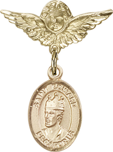 14kt Gold Filled Baby Badge with St. Edward the Confessor Charm and Angel w/Wings Badge Pin