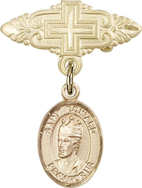 14kt Gold Baby Badge with St. Edward the Confessor Charm and Badge Pin with Cross