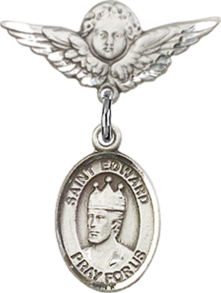 Sterling Silver Baby Badge with St. Edward the Confessor Charm and Angel w/Wings Badge Pin