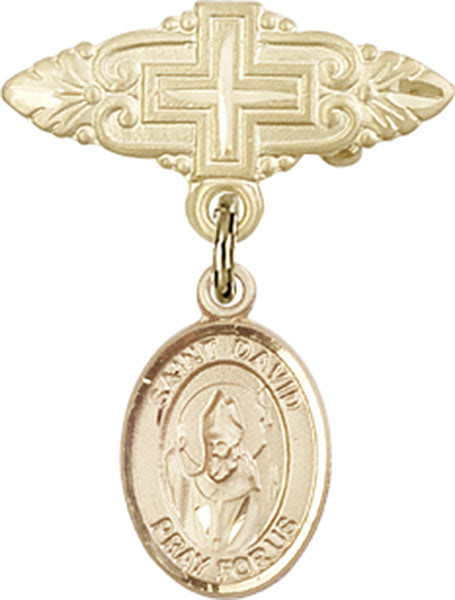 14kt Gold Filled Baby Badge with St. David of Wales Charm and Badge Pin with Cross
