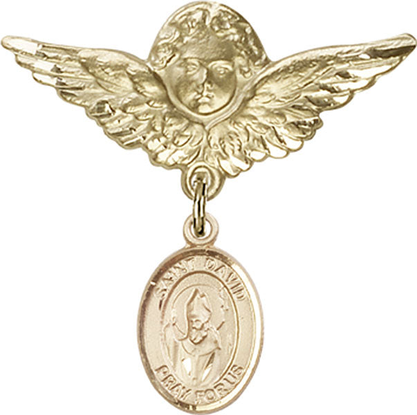14kt Gold Filled Baby Badge with St. David of Wales Charm and Angel w/Wings Badge Pin