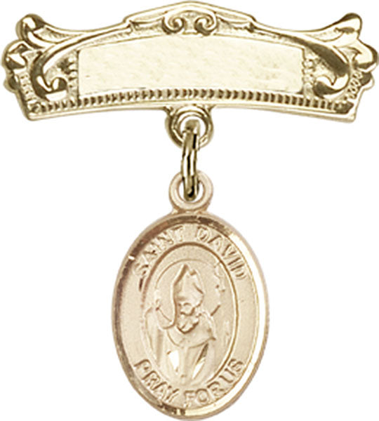 14kt Gold Baby Badge with St. David of Wales Charm and Arched Polished Badge Pin