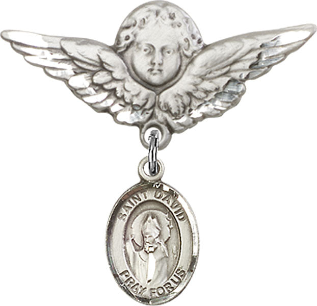 Sterling Silver Baby Badge with St. David of Wales Charm and Angel w/Wings Badge Pin