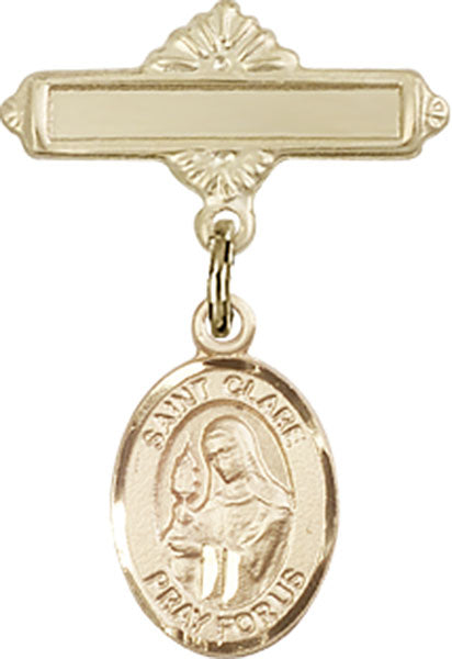 14kt Gold Filled Baby Badge with St. Clare of Assisi Charm and Polished Badge Pin