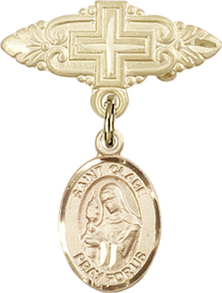 14kt Gold Filled Baby Badge with St. Clare of Assisi Charm and Badge Pin with Cross