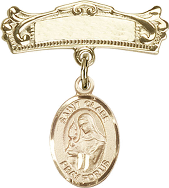 14kt Gold Filled Baby Badge with St. Clare of Assisi Charm and Arched Polished Badge Pin