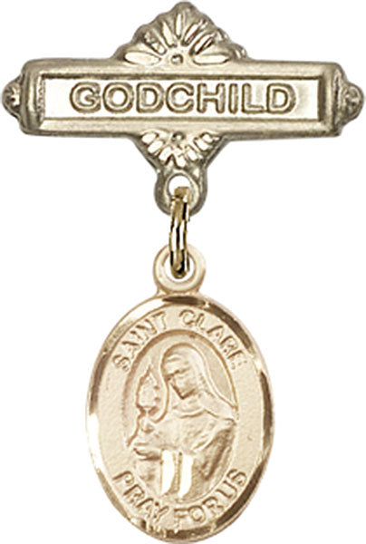 14kt Gold Filled Baby Badge with St. Clare of Assisi Charm and Godchild Badge Pin