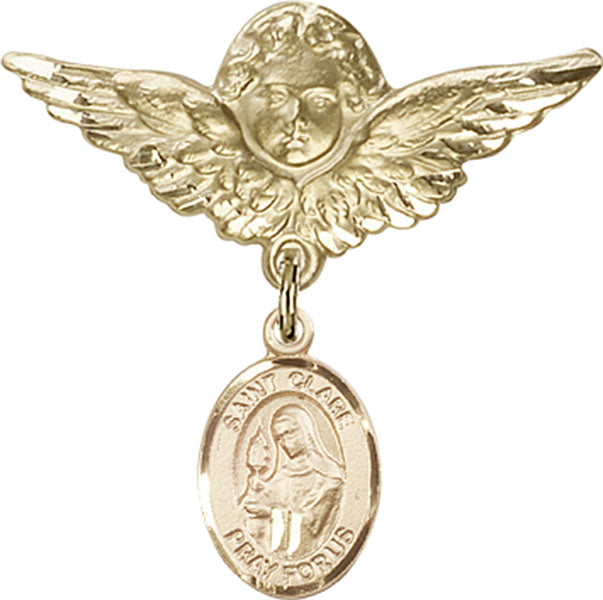 14kt Gold Baby Badge with St. Clare of Assisi Charm and Angel w/Wings Badge Pin