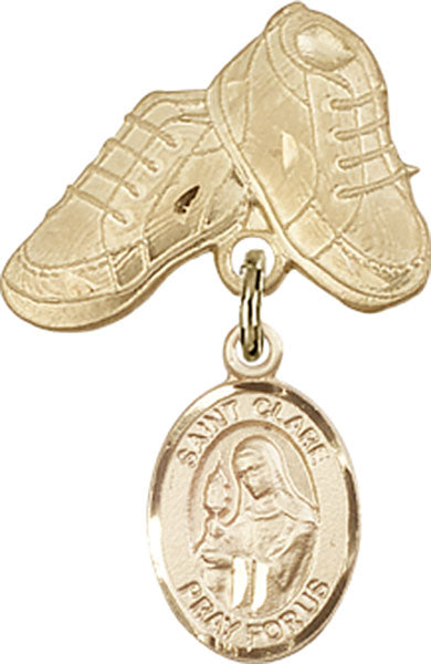 14kt Gold Baby Badge with St. Clare of Assisi Charm and Baby Boots Pin