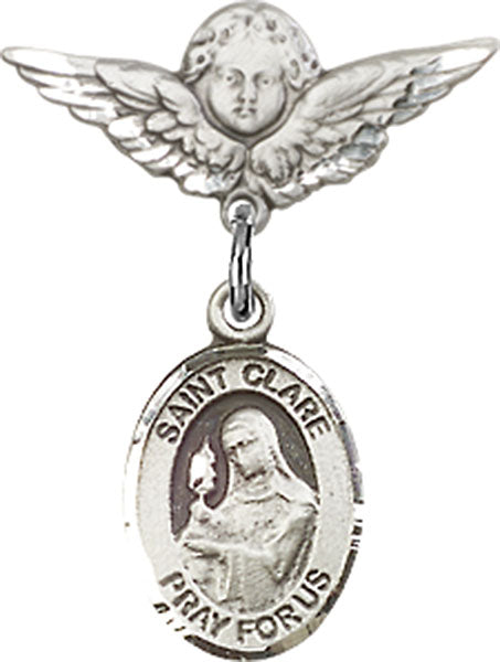 Sterling Silver Baby Badge with St. Clare of Assisi Charm and Angel w/Wings Badge Pin
