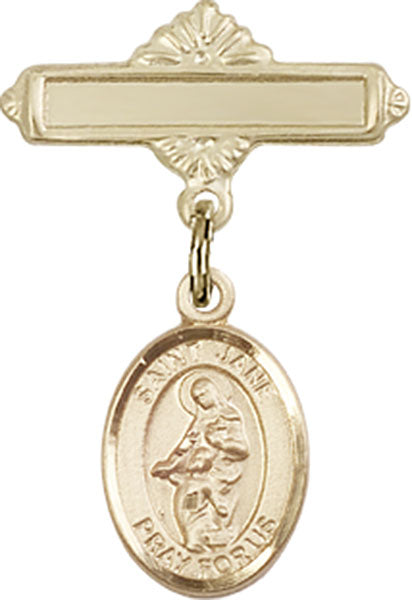 14kt Gold Filled Baby Badge with St. Jane of Valois Charm and Polished Badge Pin