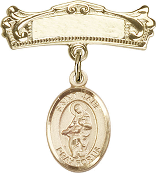 14kt Gold Filled Baby Badge with St. Jane of Valois Charm and Arched Polished Badge Pin