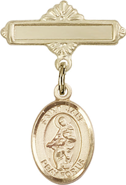 14kt Gold Baby Badge with St. Jane of Valois Charm and Polished Badge Pin