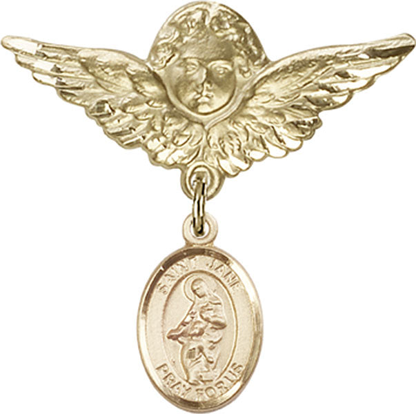 14kt Gold Baby Badge with St. Jane of Valois Charm and Angel w/Wings Badge Pin