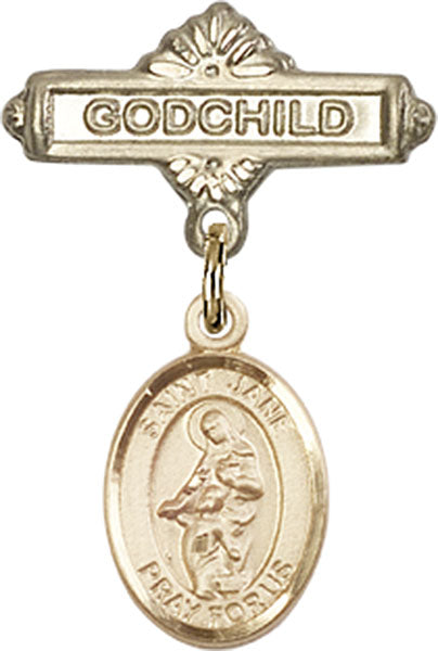 14kt Gold Baby Badge with St. Jane of Valois Charm and Godchild Badge Pin