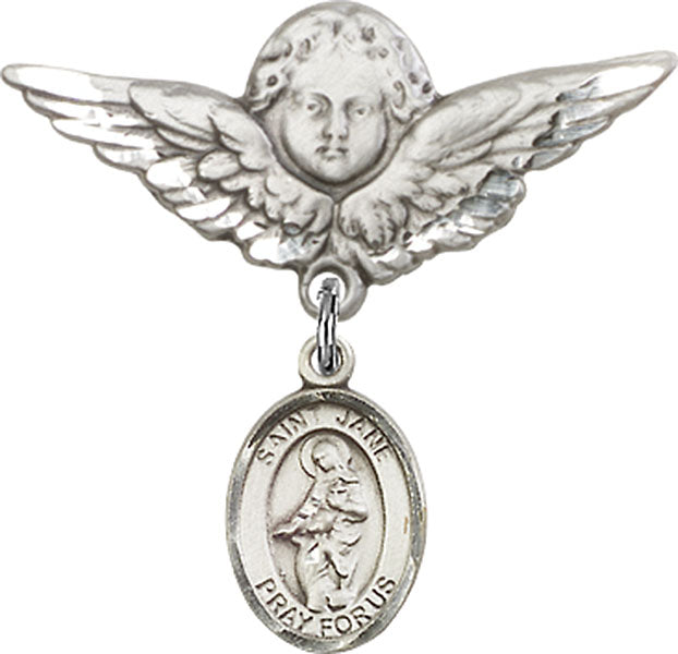 Sterling Silver Baby Badge with St. Jane of Valois Charm and Angel w/Wings Badge Pin