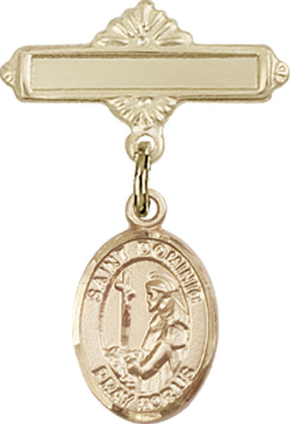 14kt Gold Filled Baby Badge with St. Dominic de Guzman Charm and Polished Badge Pin