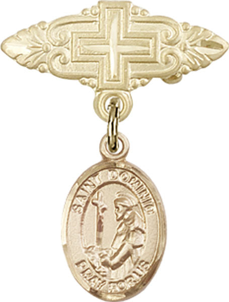 14kt Gold Filled Baby Badge with St. Dominic de Guzman Charm and Badge Pin with Cross