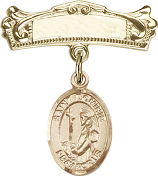14kt Gold Filled Baby Badge with St. Dominic de Guzman Charm and Arched Polished Badge Pin