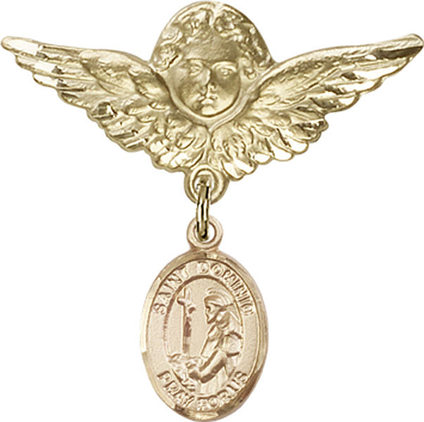 14kt Gold Filled Baby Badge with St. Dominic de Guzman Charm and Angel w/Wings Badge Pin