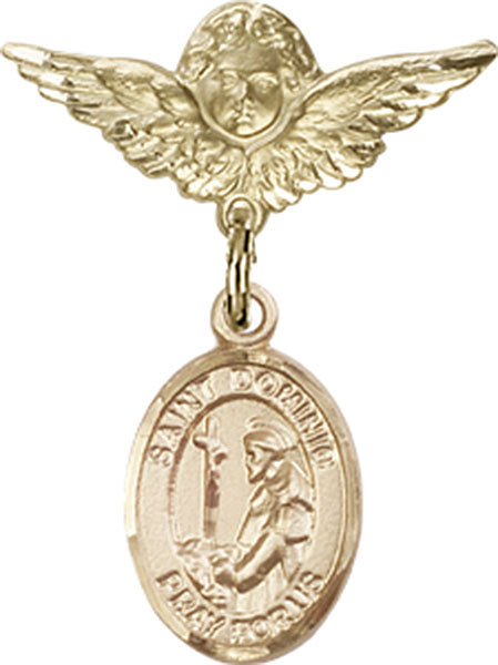 14kt Gold Filled Baby Badge with St. Dominic de Guzman Charm and Angel w/Wings Badge Pin