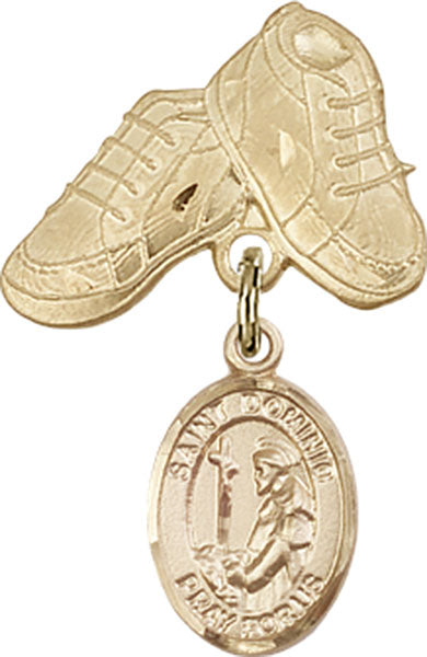 14kt Gold Filled Baby Badge with St. Dominic de Guzman Charm and Baby Boots Pin