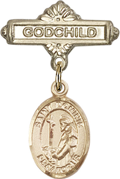 14kt Gold Baby Badge with St. Dominic de Guzman Charm and Godchild Badge Pin
