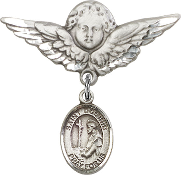 Sterling Silver Baby Badge with St. Dominic de Guzman Charm and Angel w/Wings Badge Pin