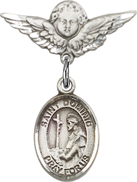 Sterling Silver Baby Badge with St. Dominic de Guzman Charm and Angel w/Wings Badge Pin