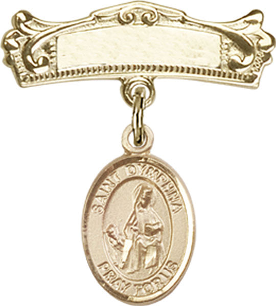 14kt Gold Filled Baby Badge with St. Dymphna Charm and Arched Polished Badge Pin