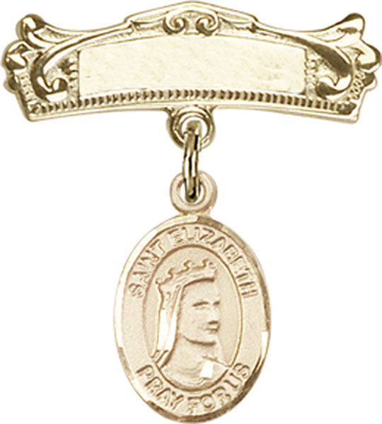 14kt Gold Filled Baby Badge with St. Elizabeth of Hungary Charm and Arched Polished Badge Pin