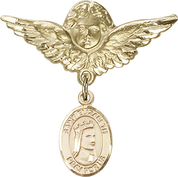 14kt Gold Filled Baby Badge with St. Elizabeth of Hungary Charm and Angel w/Wings Badge Pin