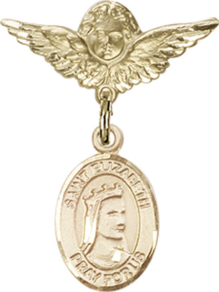 14kt Gold Baby Badge with St. Elizabeth of Hungary Charm and Angel w/Wings Badge Pin