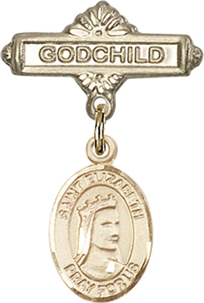 14kt Gold Baby Badge with St. Elizabeth of Hungary Charm and Godchild Badge Pin