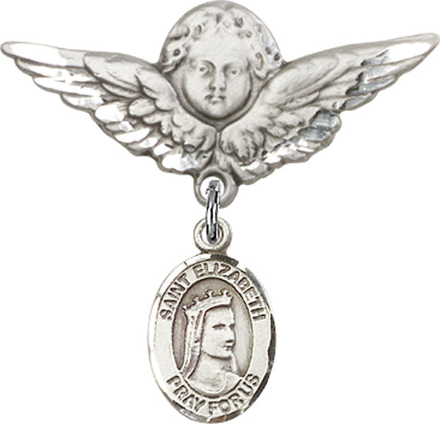 Sterling Silver Baby Badge with St. Elizabeth of Hungary Charm and Angel w/Wings Badge Pin