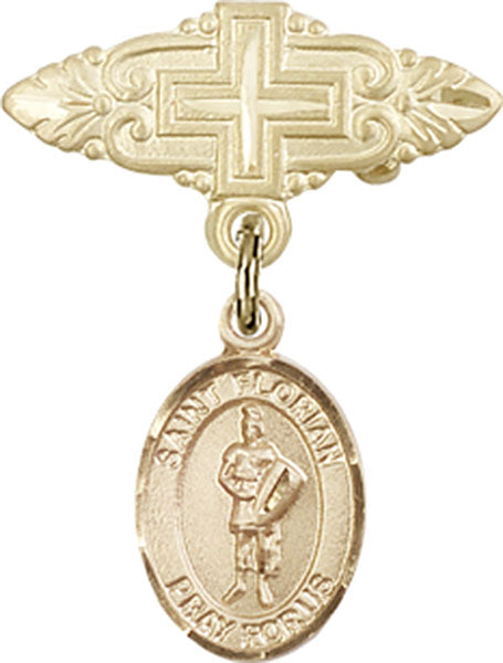 14kt Gold Filled Baby Badge with St. Florian Charm and Badge Pin with Cross