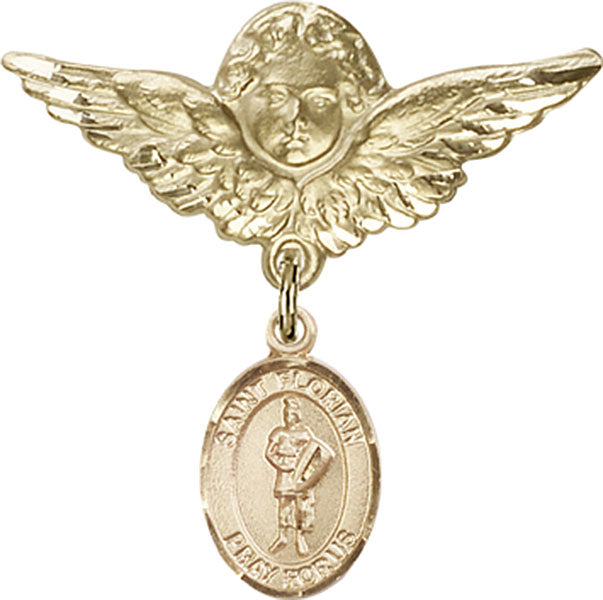 14kt Gold Filled Baby Badge with St. Florian Charm and Angel w/Wings Badge Pin