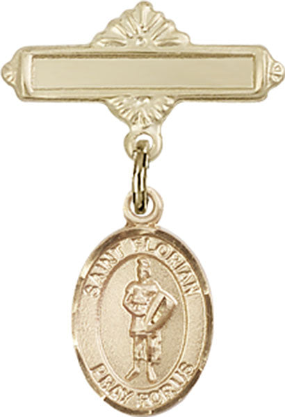 14kt Gold Baby Badge with St. Florian Charm and Polished Badge Pin