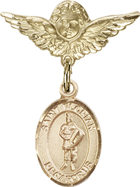 14kt Gold Baby Badge with St. Florian Charm and Angel w/Wings Badge Pin